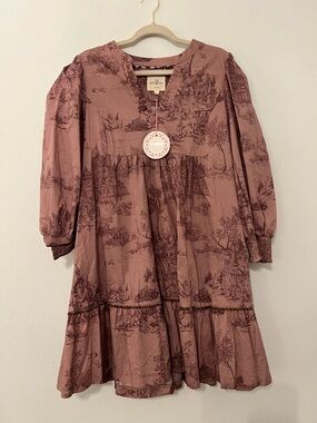 Umgee Dusty Rose Printed Tiered Toile A-line long-sleeve dress size Large